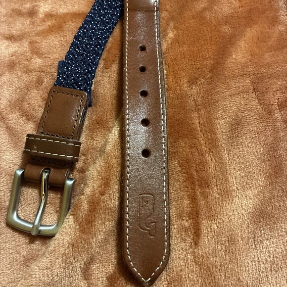 Vineyard Vines Belt Braided blue White Speckles size 28 Leather Accents - Picture 6 of 7